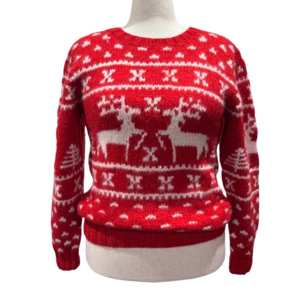 VTG Woolrich Double Reindeer 100% Wool Christmas Red and White Sweater (Size L)
